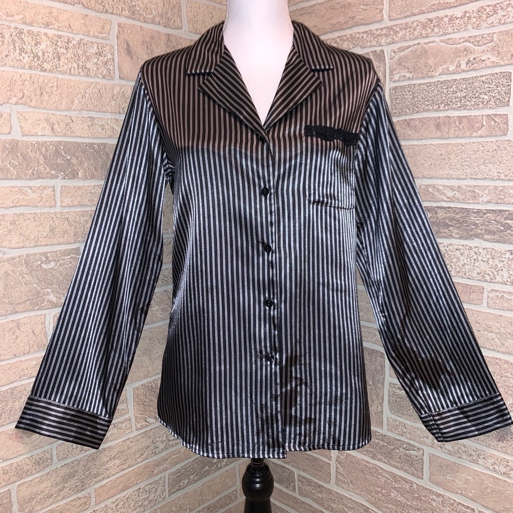 Adonna Sleepwear Satin Black Silver Pajama Top